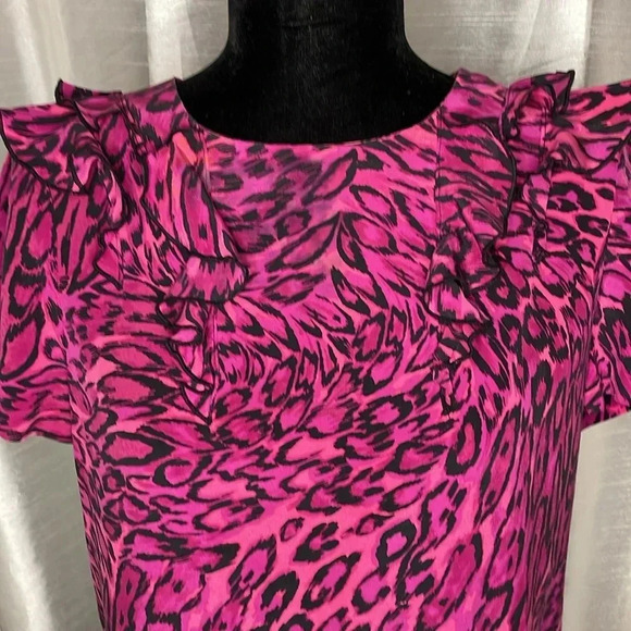 Juicy Couture Women’s 12 Silk Ruffle Leopard Print Peasant Blouse - Picture 2 of 9